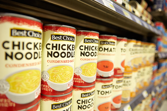 Best Choice chicken noodle soup cans on shelf